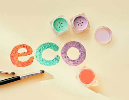 eco inscription made with mineral eyeshadows pigment in jars on yellow background. eco friendly...