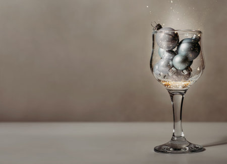 christmas balls in a wine glass with golden sparkles. shining winter holiday decor. congratulation...