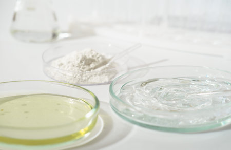 laboratory petri dishes with growth medium or culture medium and powder on a table. cosmetic testing...