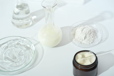 laboratory dishes and glassware on a lab table. fermentation, fermented beauty skin care. container...