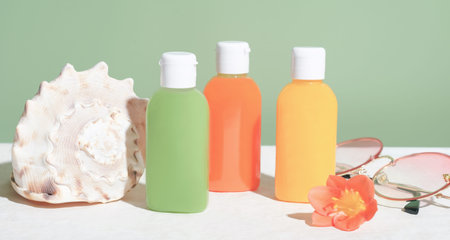 bright travel pack of hygiene product, mini package, travel toiletries, small plastic bottles for...