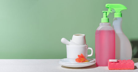 white tableware and kitchen cleaning detergents on a table. housekeeping and householding, spring...