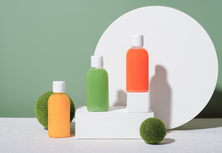bright travel pack of hygiene product, mini package, travel toiletries, small plastic bottles for vacation self care.の写真素材
