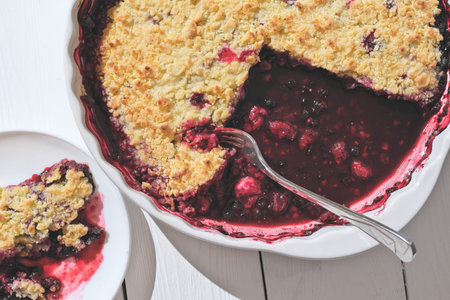 Delicious juicy dessert, blueberry pie slices topped with a sweet crunchy streusel. summer easy to do dessert