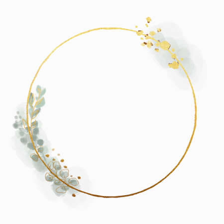 round golden frame with copy space and floral decor. eucalyptus leaves and gold texture spots, watercolor paint. trendy boho style mock upの写真素材