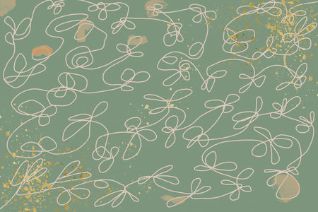 Line art abstract doodle illustration, pastel green background and golden paint spots over hand...