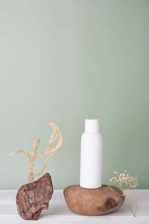 blank white plastic bottle, unbranded product. shampoo or sunscreen lotion. stone natural podium and dry plants decor. trendy modern style scene. cosmetic product mockupの写真素材