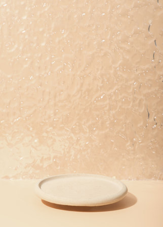 Minimal modern product display on neutral beige background. round concrete podium and glass door. Concept scene stage showcase for new product, promotion sale, presentation. Verticalの写真素材