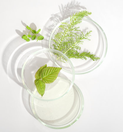 natural cosmetic research in a laboratory, petri dishes with medium, green leaves. test for efficiency in vitro, bio science, organic skin care products. flat lay, top view,の写真素材