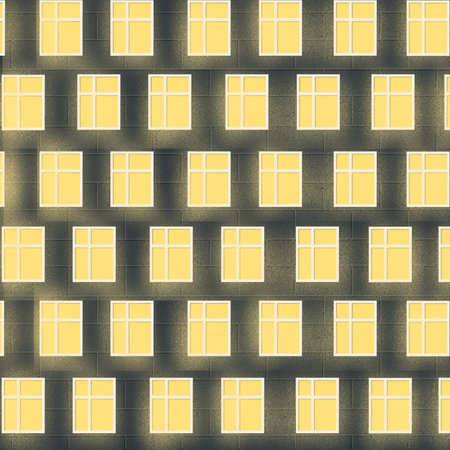windows on brown brick house wall. seamless background illustration with yellow windows glowing in a...
