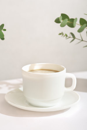 espresso coffee in a white classic cup, vertical, good morning, green leaves around a cupの写真素材
