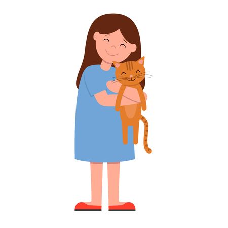 Laughing girl in blue dress holding and strongly cuddling cat. Isolated vector illustration of happy kid and pet.のイラスト素材