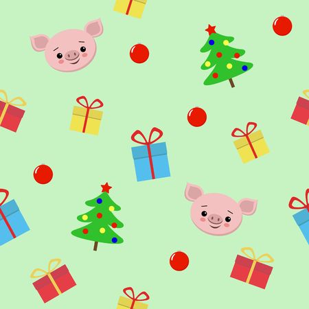 Seamless Christmas pattern with gifts, cute pig, christmas tree Vector illustration for textile, postcard, wrapping paper, poster, background, book, t-shirt. new yearのイラスト素材