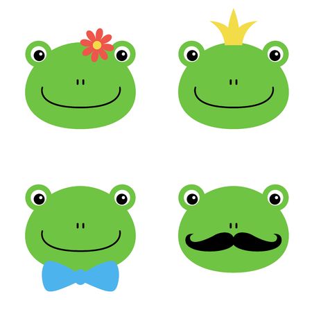Cute green frog with flower, crown, bow, mustache cartoon character isolated on white background.のイラスト素材
