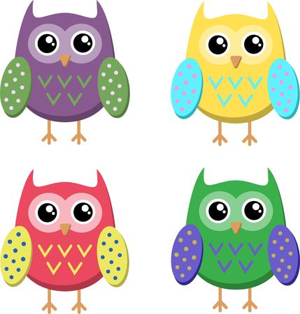 Cute cartoon owls icons, bright owls vector illustration.のイラスト素材