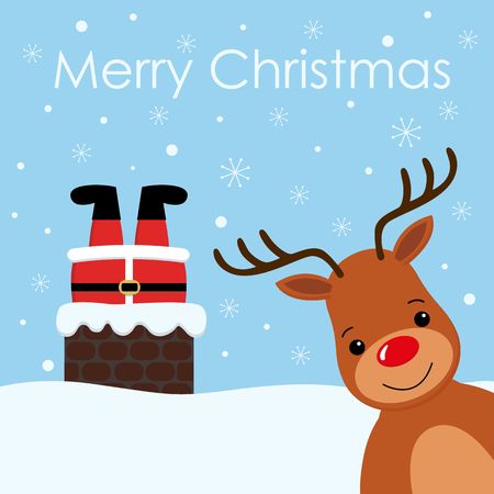 santa stuck in chimney vintage reindeer smile snow background vectorのイラスト素材
