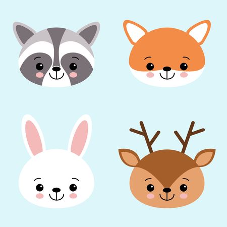 Vector icon set of cute forest animals white hare or rabbit, raccoon, deer and fox. Animal masks for children.のイラスト素材