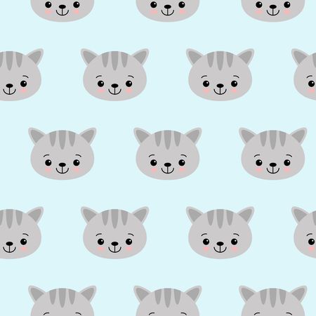 Cat vector pattern with cute cartoon cat faces. Seamless print illustration for children.のイラスト素材