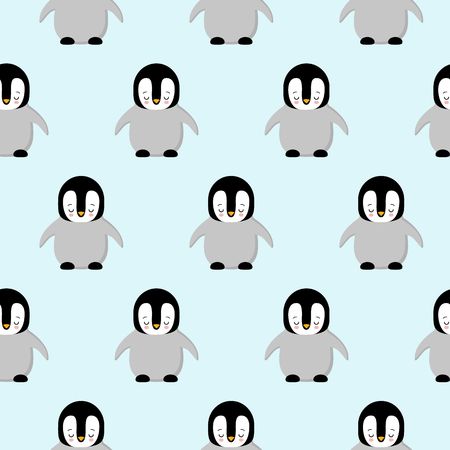 Seamless Pattern of Cute Cartoon Penguin Design on Blue Background kawaii styleのイラスト素材