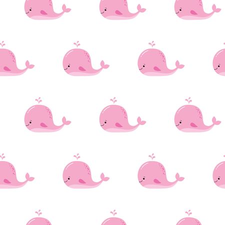 Cute background with cartoon pink whales. Baby shower design. Seamless pattern can be used for wallpapers, pattern fills, web page backgrounds,surface textures.のイラスト素材
