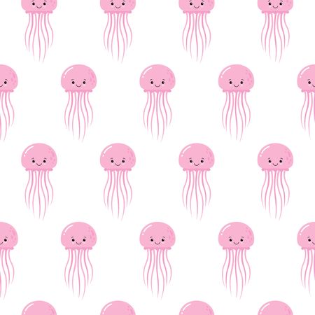 Cute seamless sea pattern with cartoon smiling jellyfishes. Vector illustration for kids design, wallpaper, wrapping, textile, package designのイラスト素材