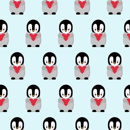 Seamless Pattern with Cartoon Penguin and Heart Design on Blue Background. Kawaiiのイラスト素材