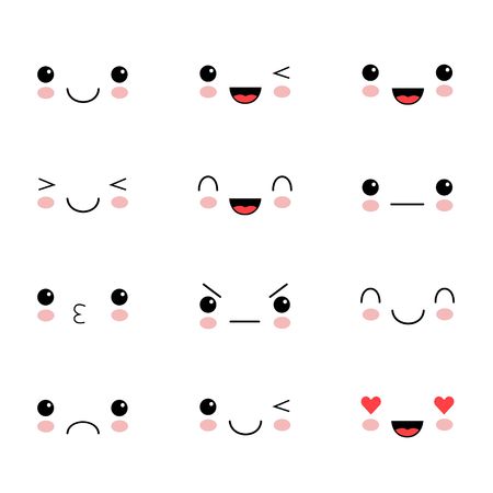 Set of cute lovely emoticon. Doodle cartoon face in childlike manga.のイラスト素材