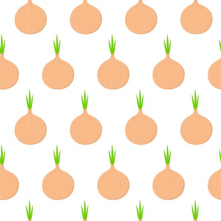 Vector seamless pattern with cartoon onions isolated on white. Bright slice of tasty vegetables. Illustration used for magazine, kitchen textile, greeting cards, menu cover, web pages.のイラスト素材