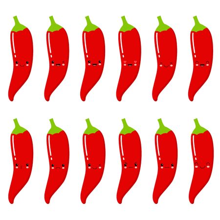 Set of cute smiley red hot peppers. Set of Emoji pepper. Smile fruits.のイラスト素材