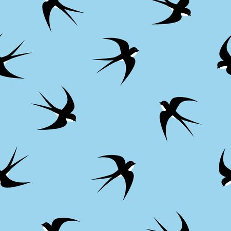 Swallow, swift, birds. Graphic vector pattern. Decorative seamless blue background Flat styleのイラスト素材