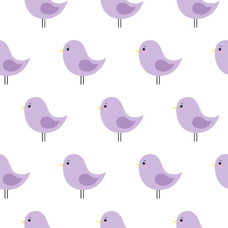 Cute purple birds on white background seamless texture. Cartoon kawaii styleのイラスト素材