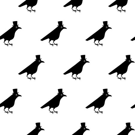 Gentleman crow seamless pattern, blackbird with top hat. Cute raven illustration on white blackground. Kawaii characterのイラスト素材
