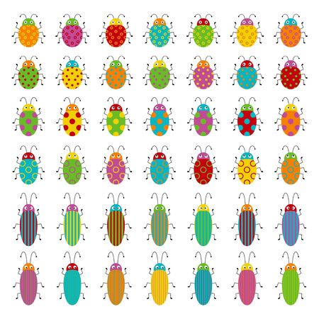 Big vector set of cute cartoon insects. Different beetles on an isolated white background. Funny illustration for childrenのイラスト素材