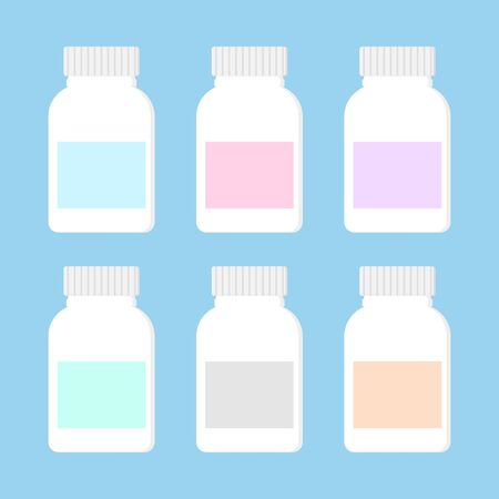 Medicine bottles collection. Drugs, tablets, capsules and sprays. Vector flat illustrationのイラスト素材