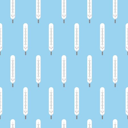 Seamless pattern texture of endless repetitive cute medical mercury glass thermometers for measuring body temperature on a blue background. Vector kawaii illustrationのイラスト素材