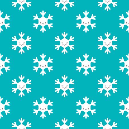 Seamless pattern of winter snowflakes, vector background. Repeated texture, surface, wrapping paper. Cute white sleeping snowflakes for packaging, cards, banners design. Kawaii styleのイラスト素材