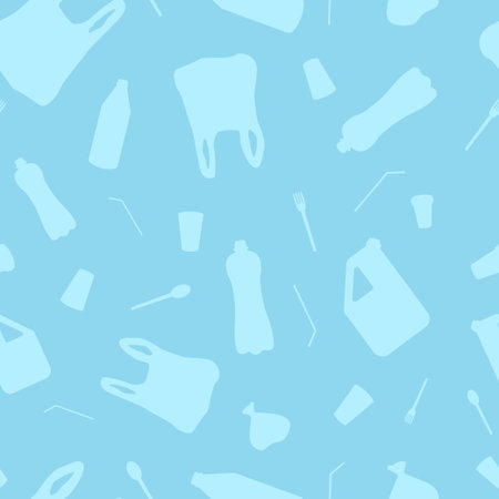 Vector seamless pattern with plastic objects. Stop ocean pollution. Waste in water. Garbage...
