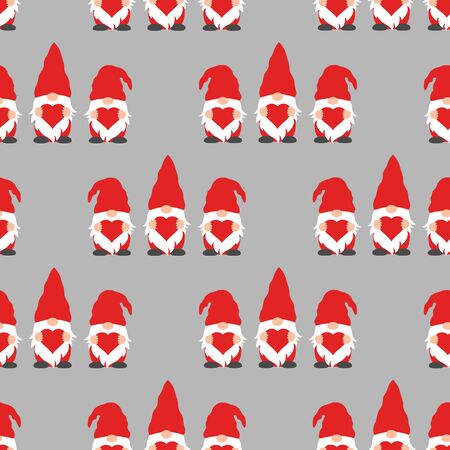 Seamless pattern with cute Valentine gnome holding heart. Funny background for holiday decorations, greetings,のイラスト素材