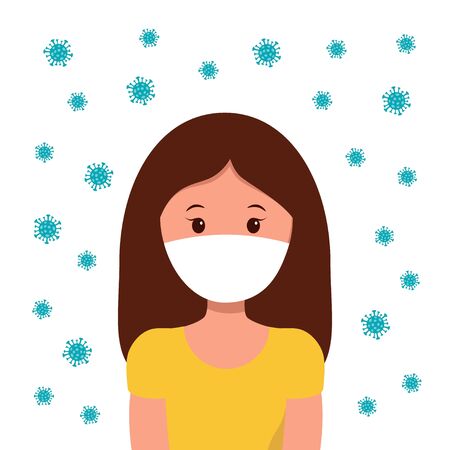 Coronavirus 2019-nCoV. Global epidemic of novel coronavirus. Stop coronavirus. Girl in facial mask and illustration of virus in green with crossed out stop sign. Isolated illustration.のイラスト素材