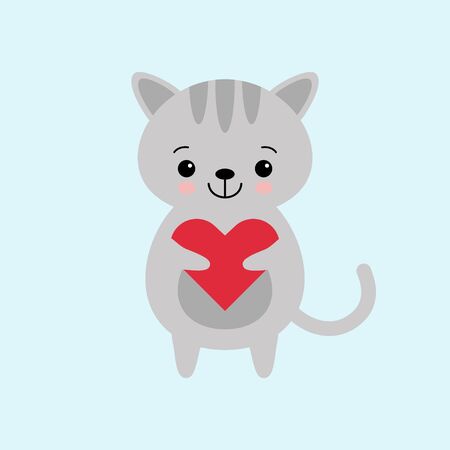 Cute Cat holding heart. Greeting card with kitten. Miss you inscription. Vector illustrationのイラスト素材