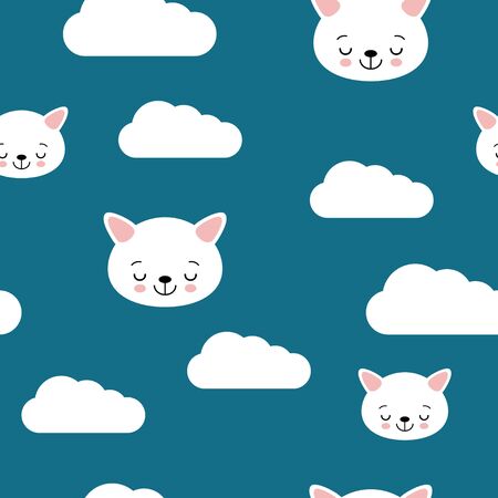 Seamless pattern with cats sleeping on clouds. Endless texture can be used for wallpaper, pattern fills and baby greeting cards.のイラスト素材