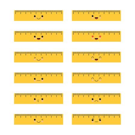 Set og cartoon cute school ruler with different emotion isolated on white background for educational, school or office design. Kawaii style illustrationのイラスト素材