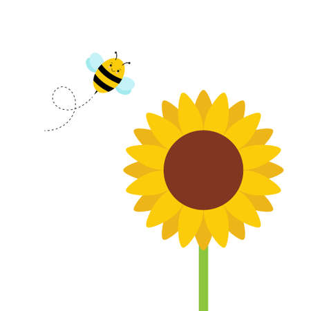 Cute sunflower and bee character in kawaii styleのイラスト素材