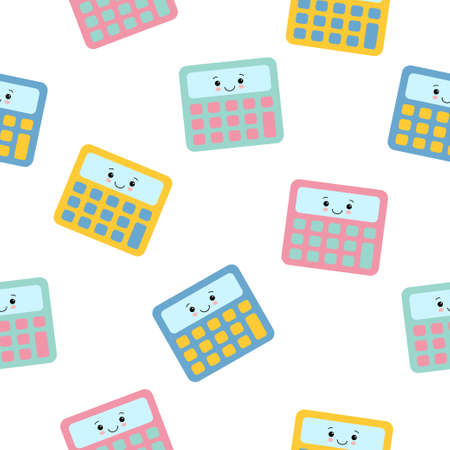 Little cute kawaii colorful calculator , seamless pattern on white background.のイラスト素材