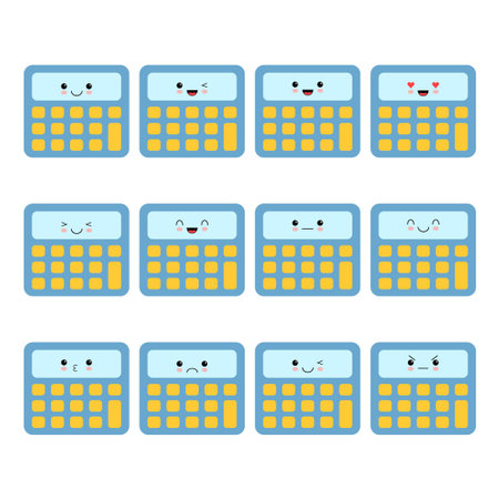 Cute kawaii calculator with emoticons set. Vector cartoon illustrationのイラスト素材