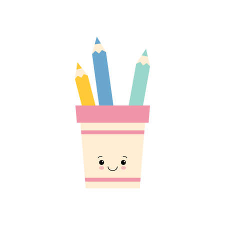 pencil holder Cute character. Back to school. Colorful vector illustration. Cartoon style. Isolated on white background.のイラスト素材