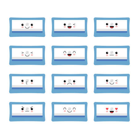 Pencil sharpener flat icon, Funny blue school supply symbol with different emotion.のイラスト素材