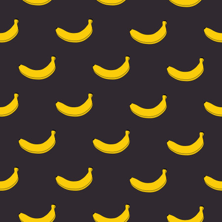 Vector seamless pattern with bananas on black background. Tropic style doodles for food design, vegan restaurant, cafe, wrapping paper, health care products, fruits market.のイラスト素材