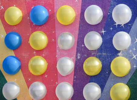white and yellow balloons on the rainbow colored boardの写真素材