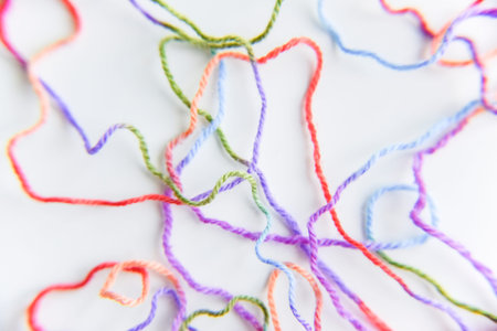 selective focus at different threads for knitting, diy concept